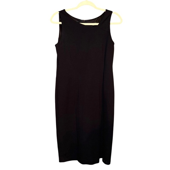 EILEEN FISHER Black Ponte Knit Asymmetric Neck Stretch Sheath Dress LBD Size 2 - Picture 4 of 16